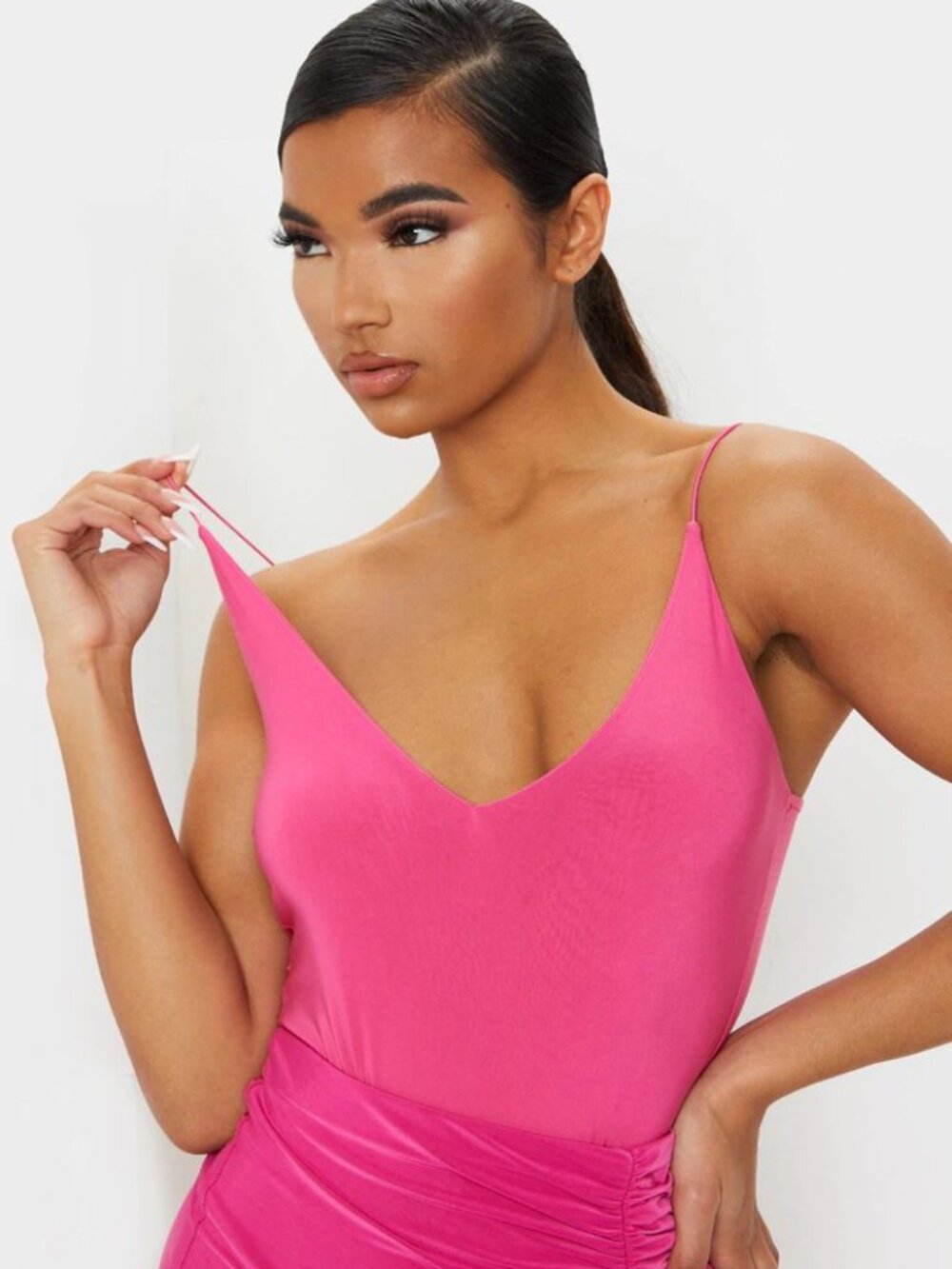 PrettyLittleThing Hot Pink Slinky Plunge Spaghetti Strap Bodysuit